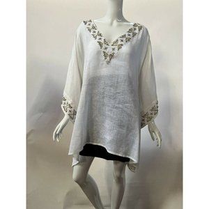Florabella Womens Tunic Top White Embellished Batwing Sleeve Sheer V Neck M New